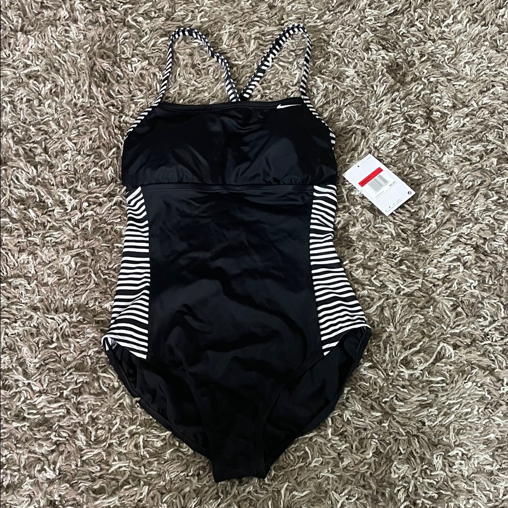 Nike Striped Black One Piece Swimsuit size large NWT